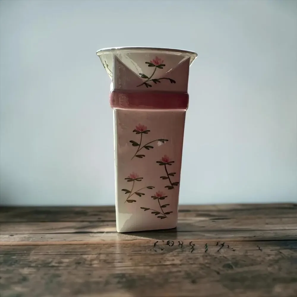 Vintage 1982 Sigma Mann Country Rose Hand Painted Ceramic Bow Vase Pink Floral